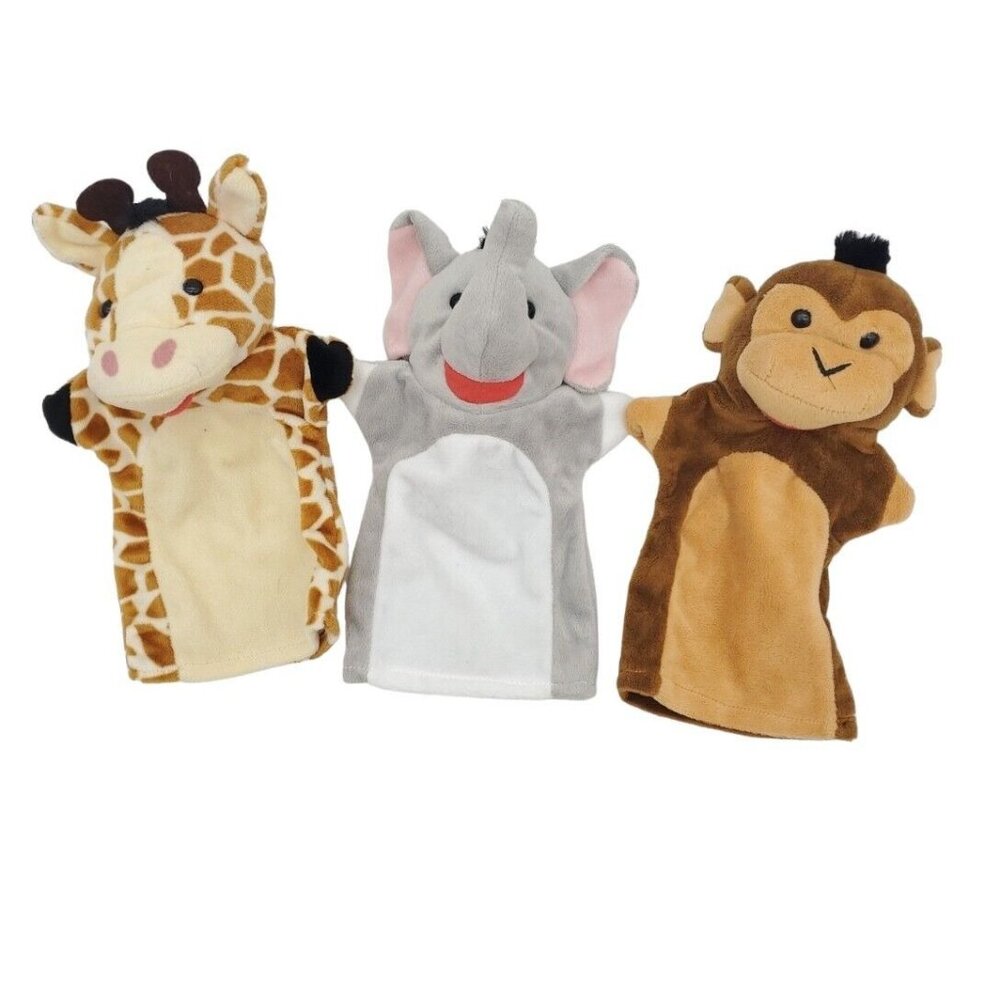 Set of 3 Hand Puppets Elephant, Giraffe & Monkey‎ Plush Play Pretend Toys 9"